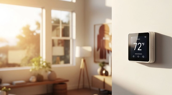 Smart thermostat inside house with sunrise in background